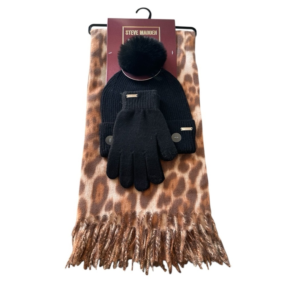 Steve Madden Animal Print Scarf, Hat and Gloves Set
